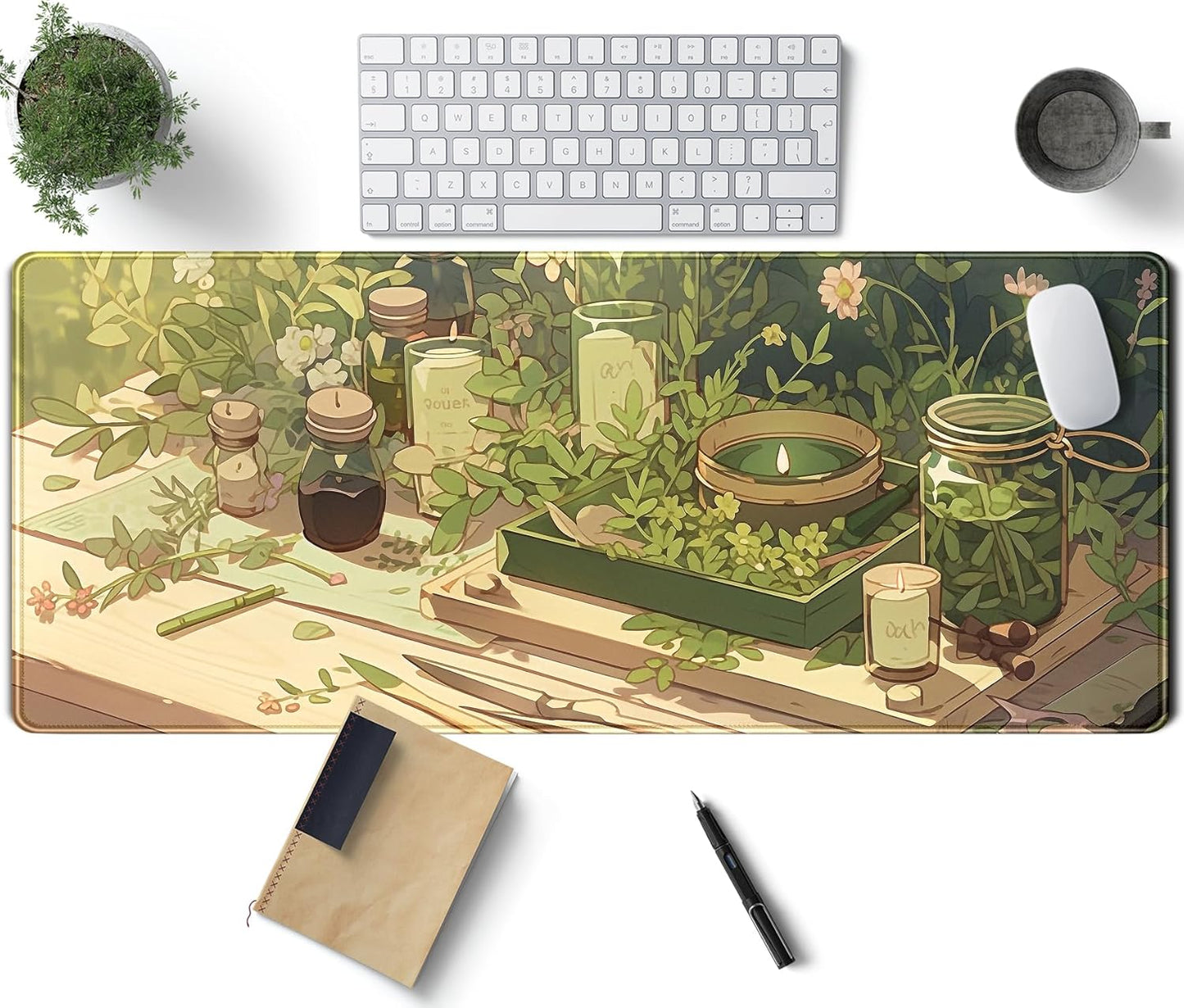 Green Gardener Desk Mat Anime Forest XL Gaming Mouse Pad Plant Lover Desk Pad with Stitched Edges, Women Desktop Decor Mousepad Laptop Computer Keyboard and Mouse Mat Desk Accessories 31.5x11.8 in