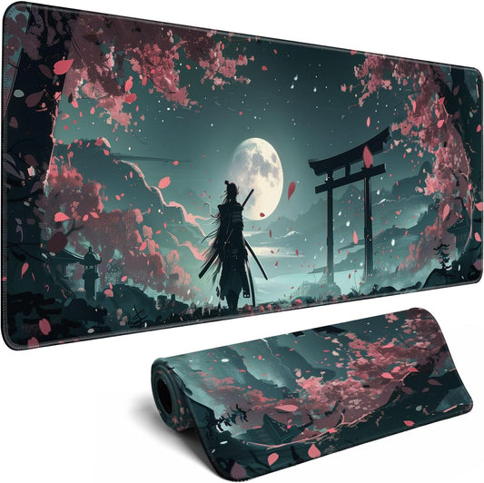 MiaVibte Japanese Full Moon Mouse Pad - Large Gaming Mouse Pad for Computer Keyboard Laptop, Desk Decor Home Office Accessories (31.5x11.8 in), Samurai Desk Mat, Pattern 15