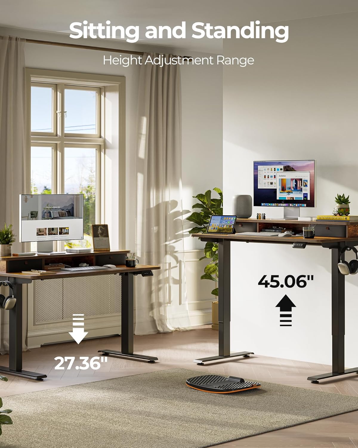 FEZIBO 60 x 24 Inch Height Adjustable Electric Standing Desk with Double Drawer, Computer Desk, Home Office Stand Up Table with 4 Height-Adjustable Feets & 2 Hooks, Rustic Brown