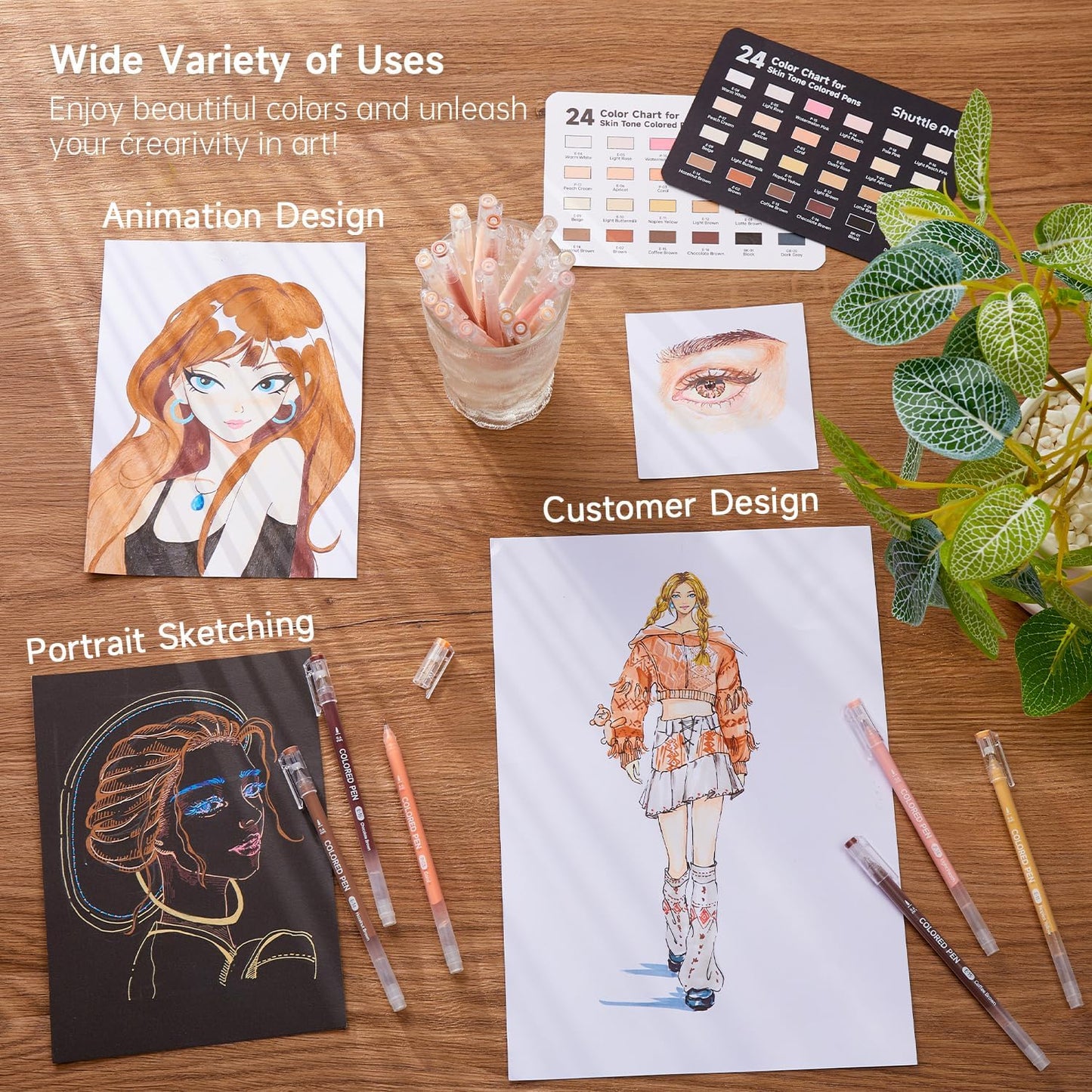 Shuttle Art Colored Pens, 24 Skin Tone Colors Cute Journal Pens 0.6mm Fine Point Colored Gel Pens for Black Paper Adult Coloring Writing Drawing Journaling Note Taking School Office Home