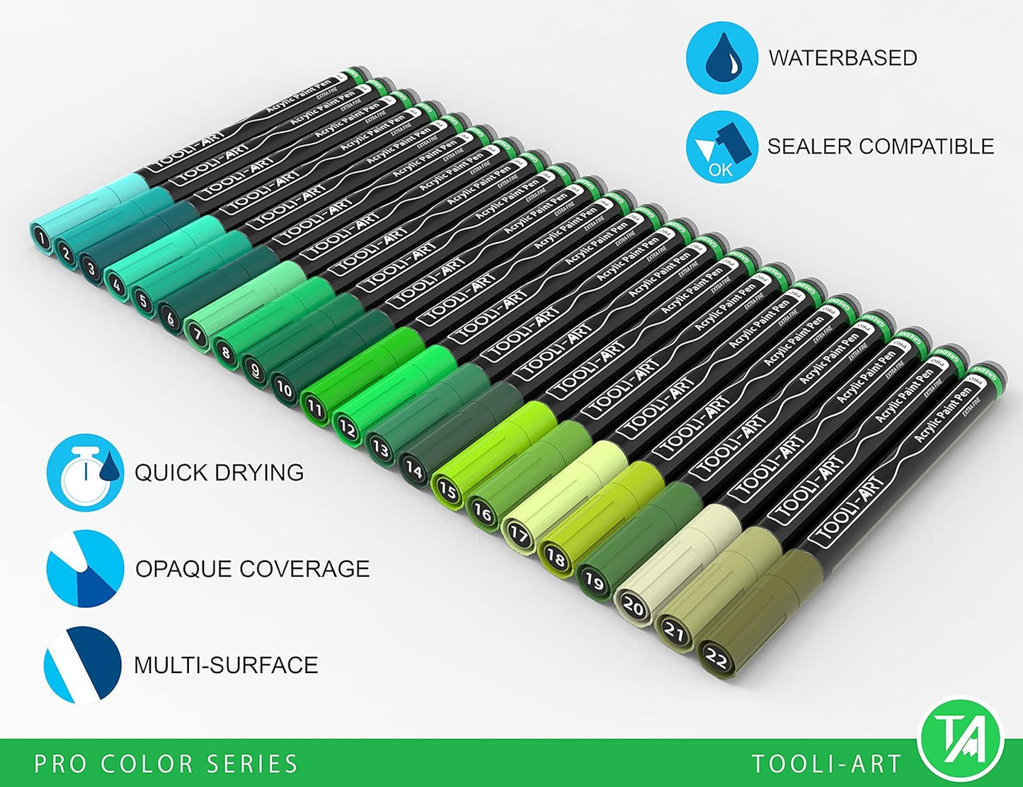 Acrylic Paint Pens 22 Green Tones Assorted Pro Color Series Markers Set 0.7mm Extra Fine Tip for Rock Painting, Glass, Mugs, Wood, Metal, Canvas, Projects, Non Toxic, Waterbased, Quick Drying