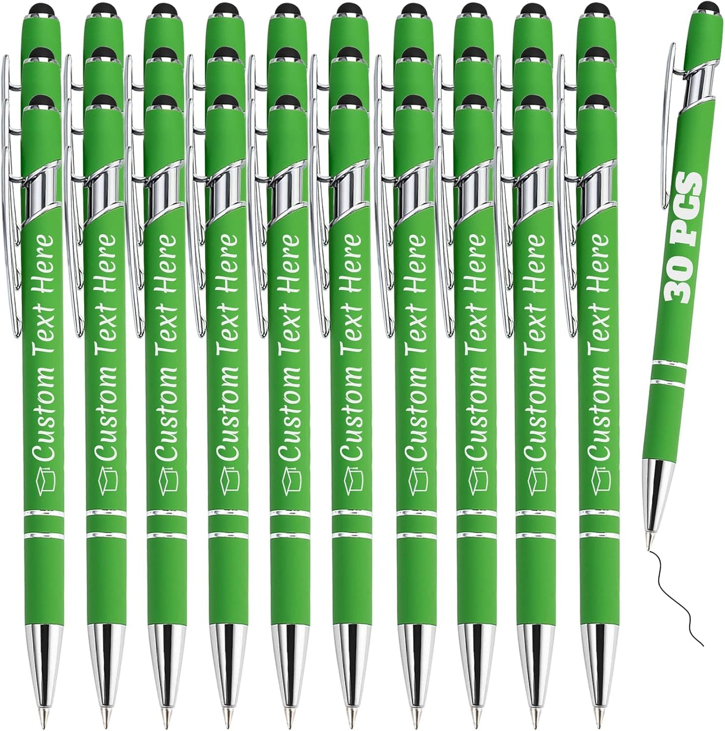 Personalized Pens Bulk 30 with Name Custom Engraving Ballpoint Pens with Stylus Tip Customized Smooth Writing Pens Personalized Gifts for Anniversary Birthday or Graduation(Light Green,Black Ink)