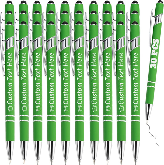 Personalized Pens Bulk 30 with Name Custom Engraving Ballpoint Pens with Stylus Tip Customized Smooth Writing Pens Personalized Gifts for Anniversary Birthday or Graduation(Light Green,Black Ink)