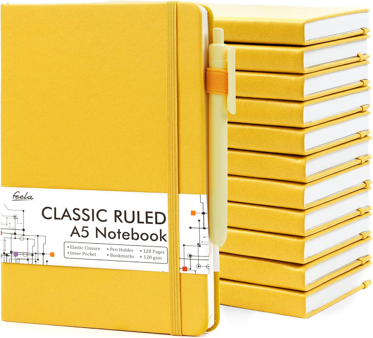 12 Pack Notebooks Journals Bulk with 12 Black Pens, Feela A5 Hardcover Notebook Classic Ruled Journal Set with Pen Holder for School Business Work Travel Writing, 120 GSM, 5.1”x8.3”, Yellow