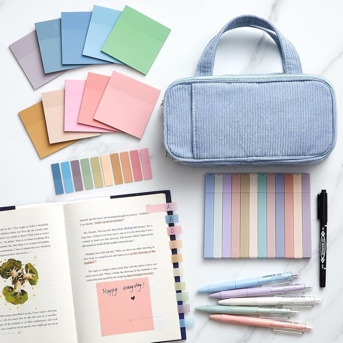 Jutom 39 Pcs Aesthetic Book Annotation Kit Highlighter with Pencil Case Bag Gel Pen Transparent Sticky Note Taking Bible Study College School Supplies(Dusty Blue,Classic Style)