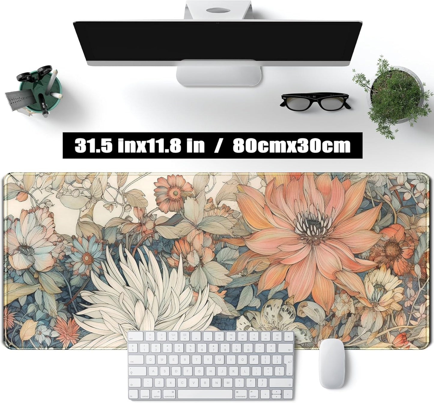Japanese Minimalist Floral Desk Mat Aesthetic Flowers XL Large Extended Gaming Mouse Pad with Stitched Edges, Big Laptop Computer Keyboard and Mouse Mat for Girl Women Office Decor 31.5x11.8 in