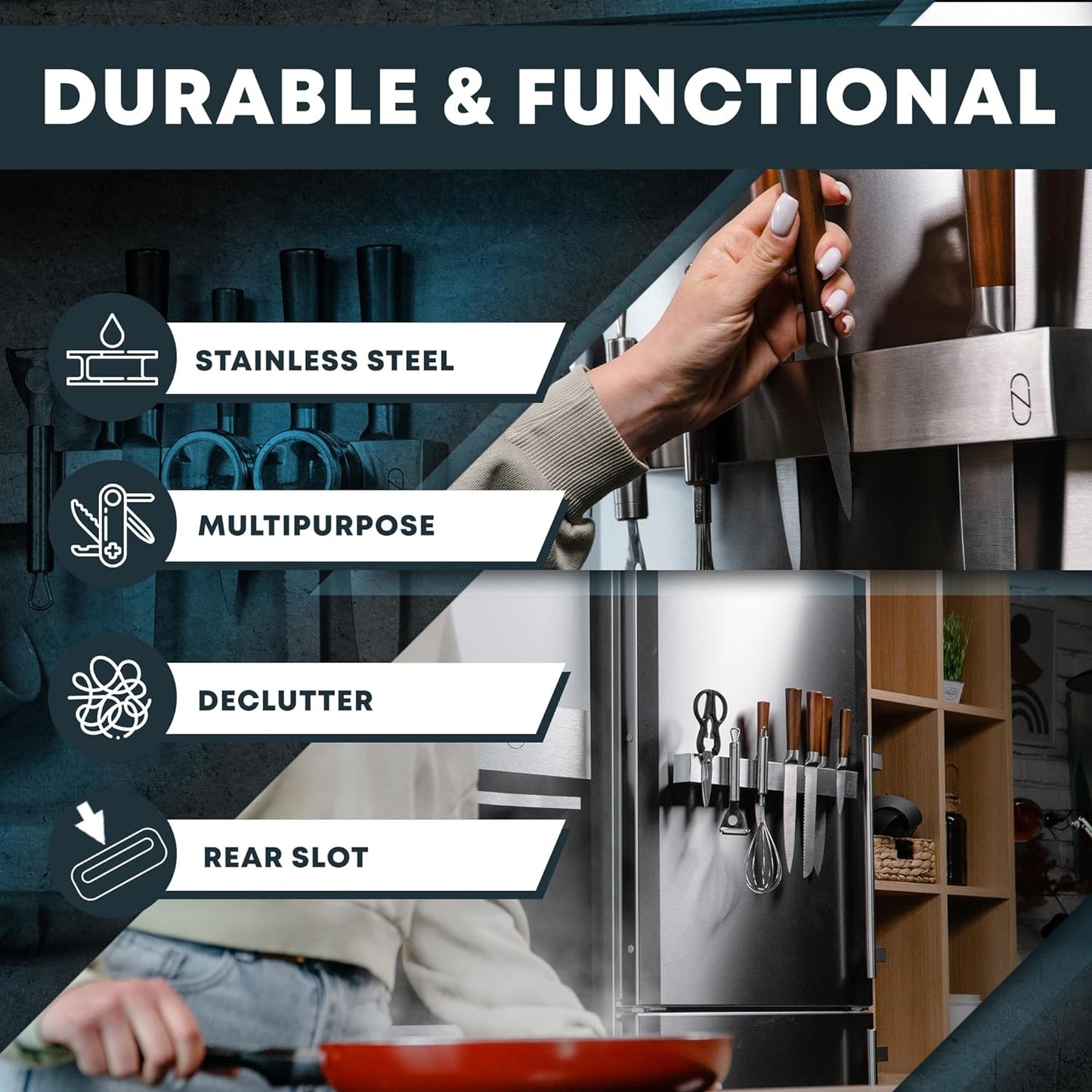 16" Adhesive Magnetic Knife Holder for Wall (No Drill) with 2x Storage - Safe, Patented Storage Design - Stainless Steel Magnet Knife Holder Strip - Magnetic Kitchen Organizer, Tool Storage