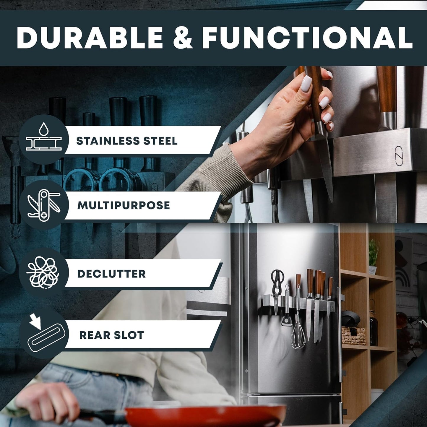 16" Magnetic Knife Holder for Wall with 2x Storage - Safe, Patented Storage Design - Stainless Steel Knife Magnetic Strip, Under Cabinet Knives Storage - Magnet Strip Rack Kitchen Utensil Organizer