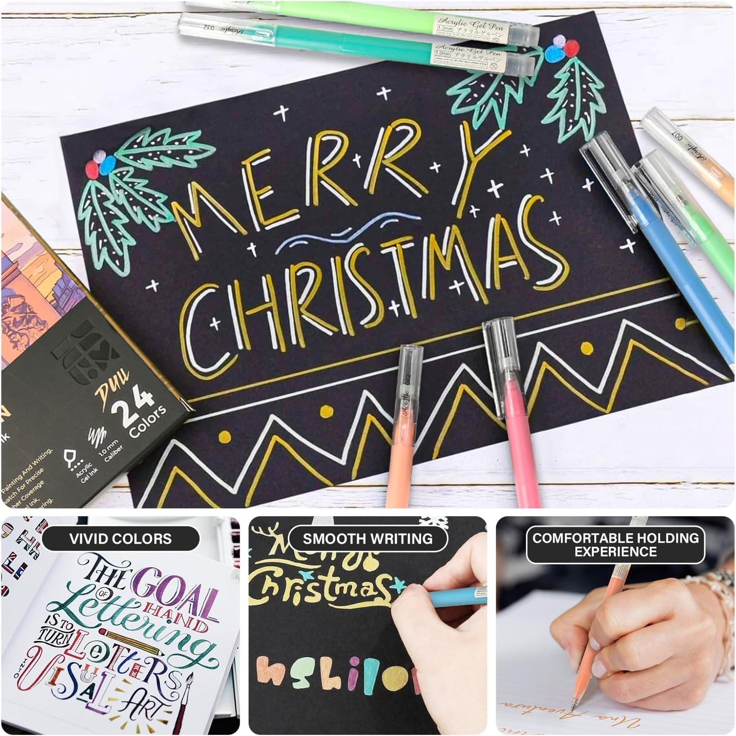 24 Colors 3D Acrylic Gel Pens & Black Paper Sketchbook for Drawing, 1mm Fine Point Acrylic Ink Pen, Opaque Archival Bright Ink Pens for Black Paper Drawing, Sketching, Illustration, Card Making