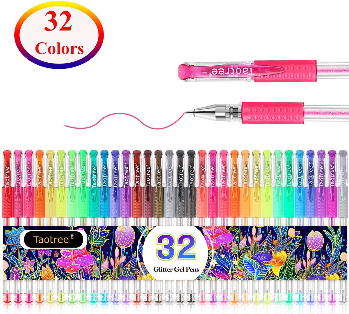 Taotree Glitter Gel Pens, 32 Colors Neon Glitter Pens Fine Tip Art Markers Set 40% More Ink Colored Gel Marker for Adult Coloring Book, Kids Drawing Art Supplies, Scrapbook, Journaling, Sparkle Gifts