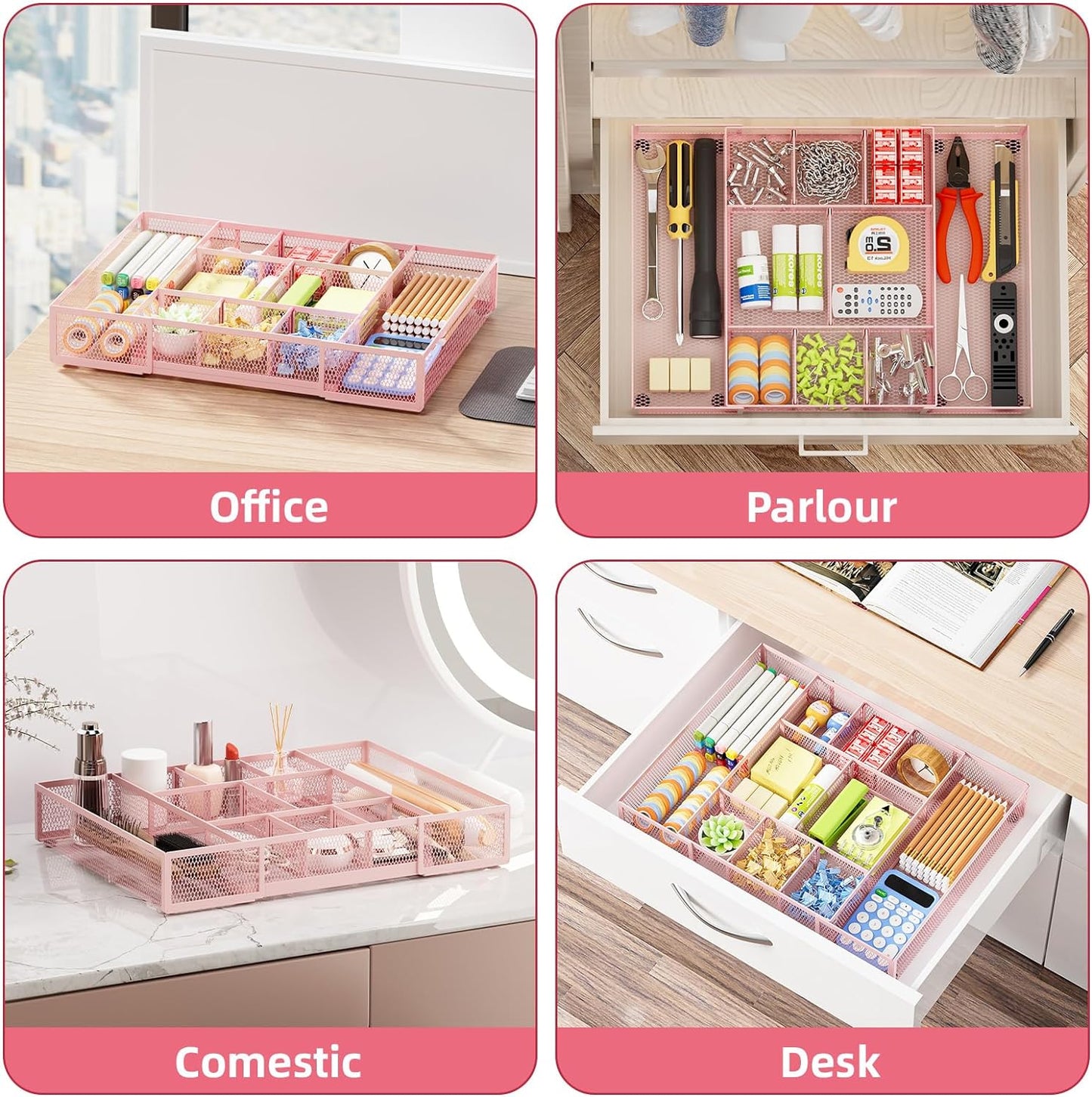 Marbrasse Expandable Desk Drawer Organizer, Mesh Tray with 10 Adjustable Compartments, Desk Organizers for Office Supplies, Makeup & Vanity (Expandable-Pink)