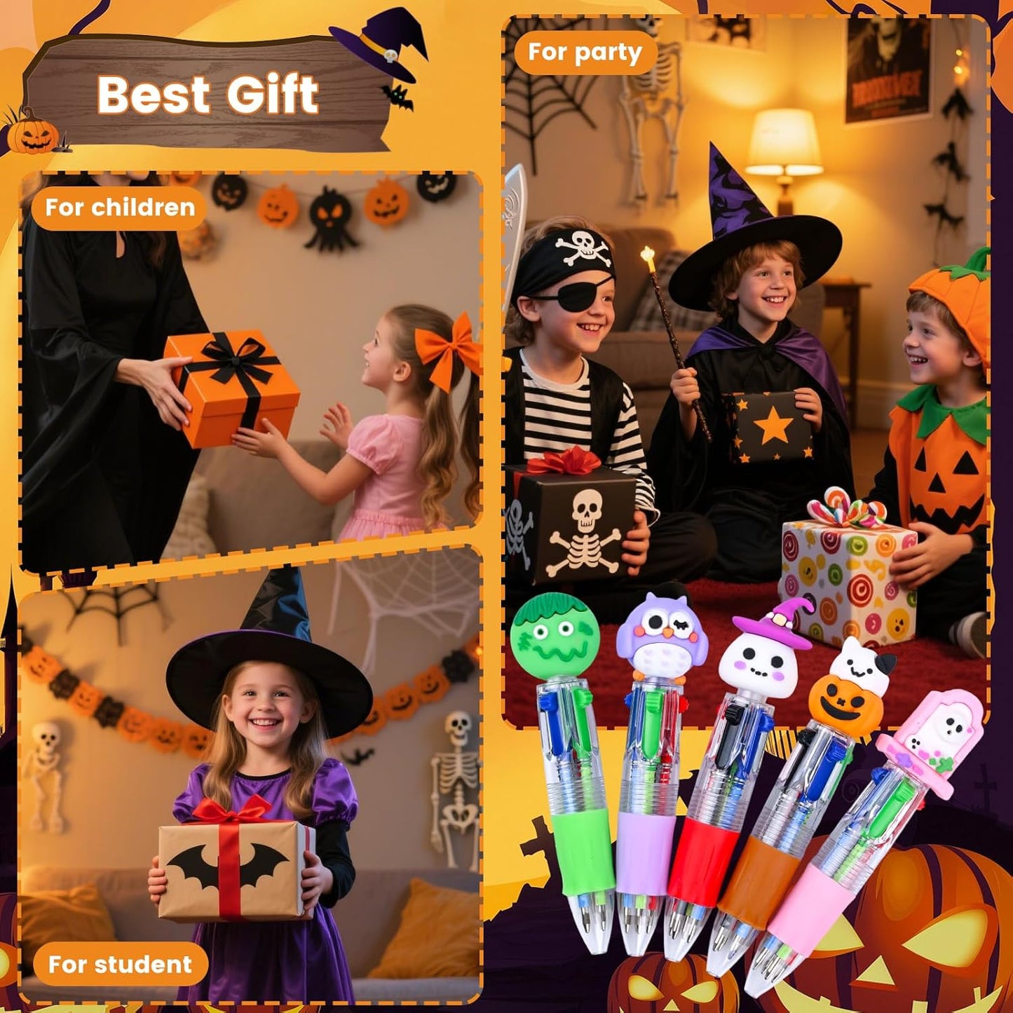 LiYiQ 100 Pcs Halloween Colorful Multicolor Pen in One Cartoon Cute Fun 4-in-1 Cute Pens Bulk Kawaii Pumpkin Ghost Bat Shape Cool Ballpoint Pens for Kids Fun Gifts