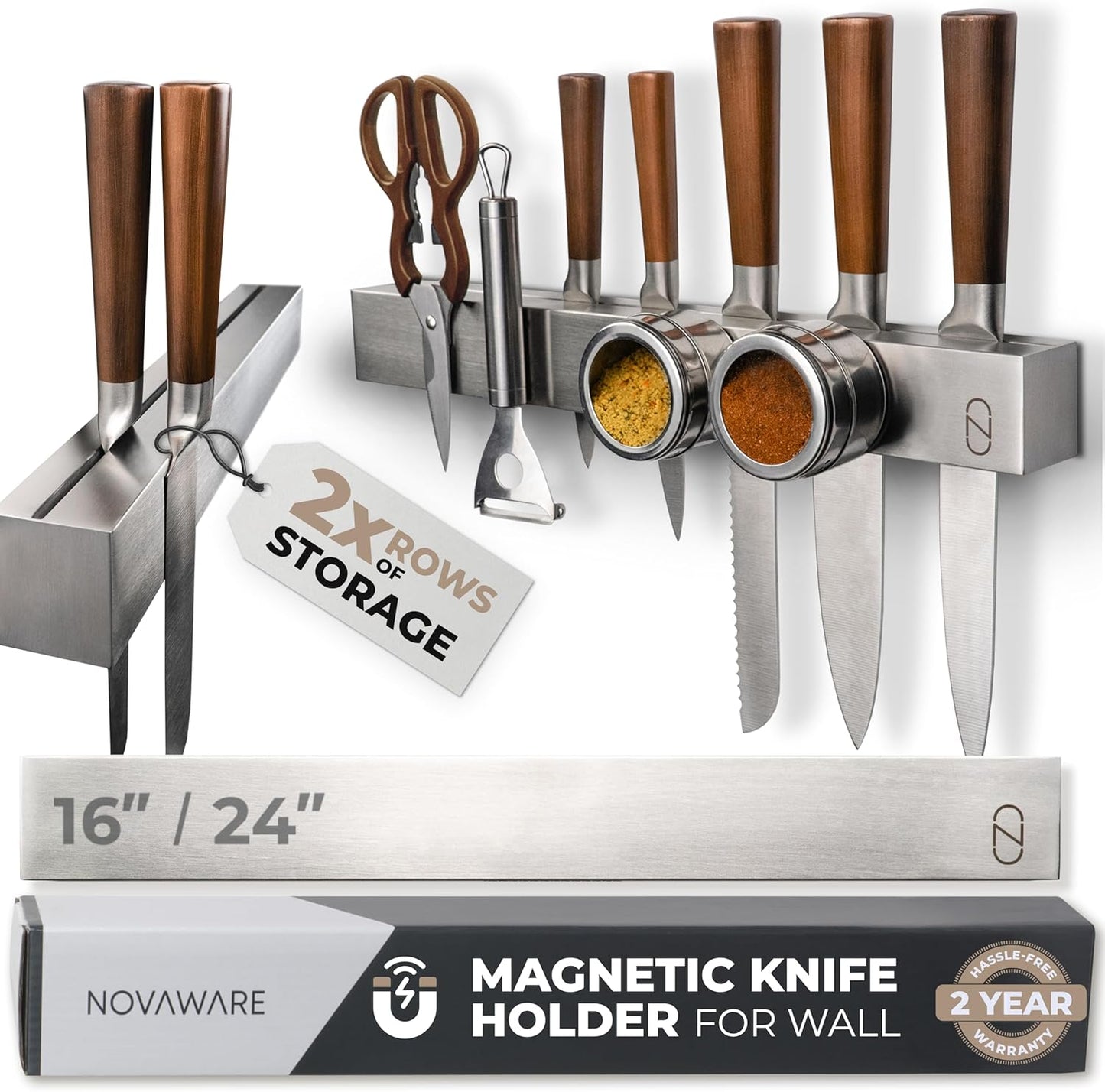 16" Magnetic Knife Holder for Wall with 2x Storage - Safe, Patented Storage Design - Stainless Steel Knife Magnetic Strip, Under Cabinet Knives Storage - Magnet Strip Rack Kitchen Utensil Organizer