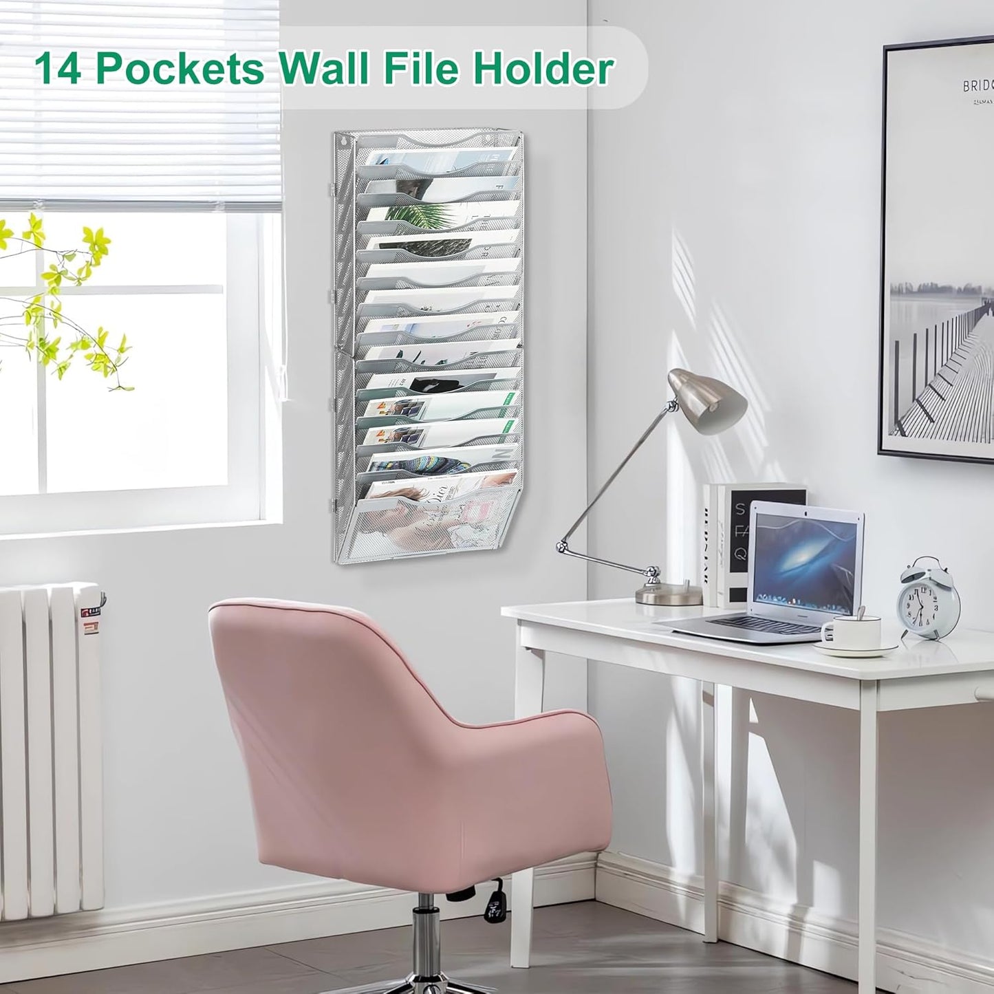 14-Pocket Wall File Organizer, Hanging Mail Organizer Wall Mounted Paper Document Holder, Metal Clipboard Storage Basket for Office Home School Organization, Silver