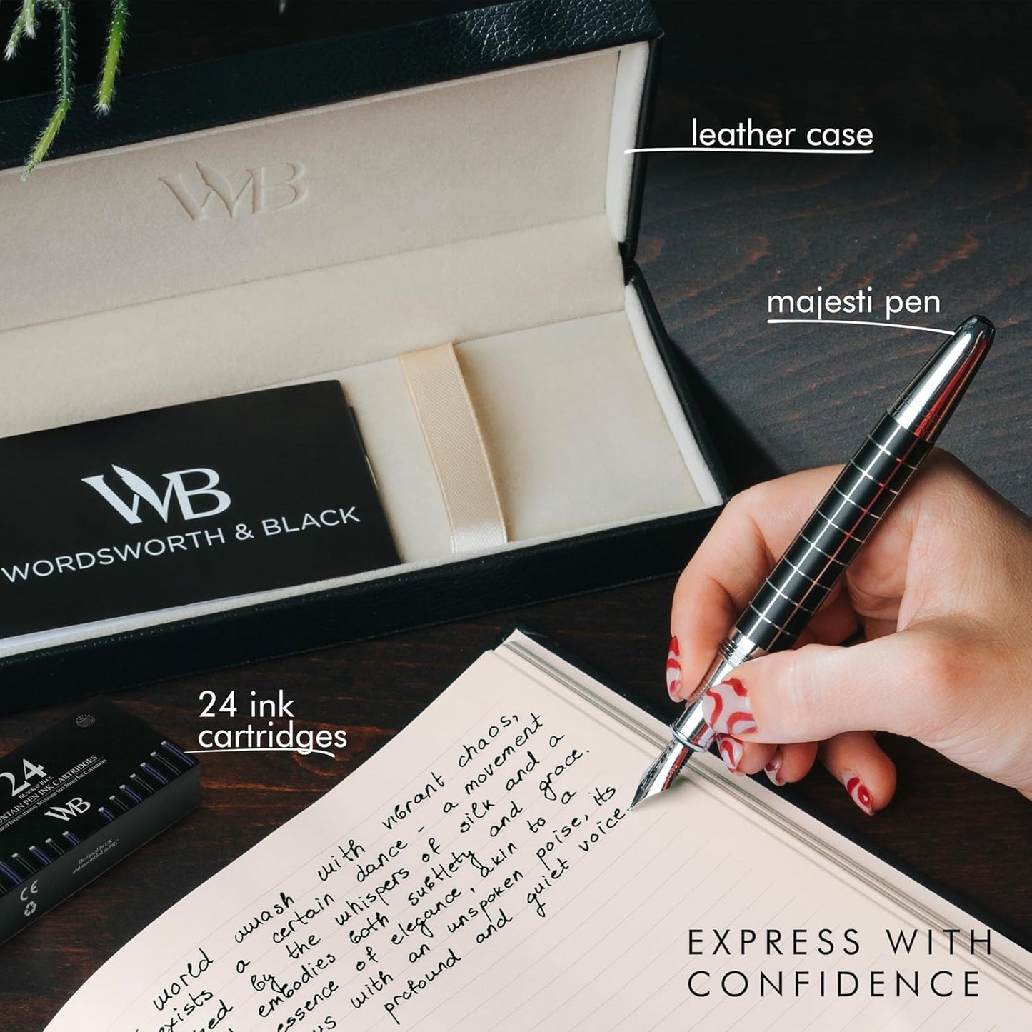 Wordsworth & Black Majesti Fountain Pen-(Checked), Luxury Case, Chrome Finish; Fine Nib- Ink Cartridges, Refillable Ink Converter-Calligraphy Pen-Best Business Gift Set for Men & Women