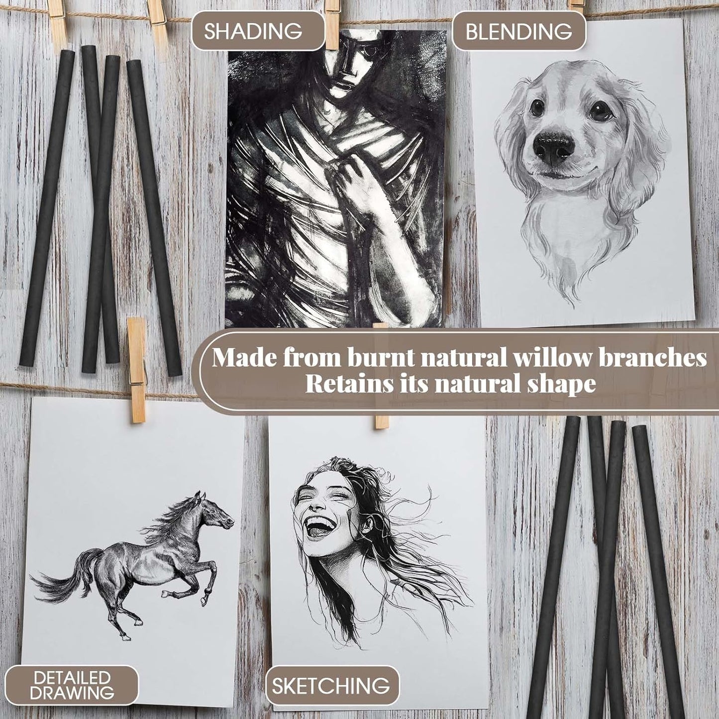 Gueevin 50 Pcs Willow Charcoal Sticks, Willow Charcoal, Artists, Beginners, Students, Perfect for Sketching, Drawing, Shading, and Fine Art (5-7mm)