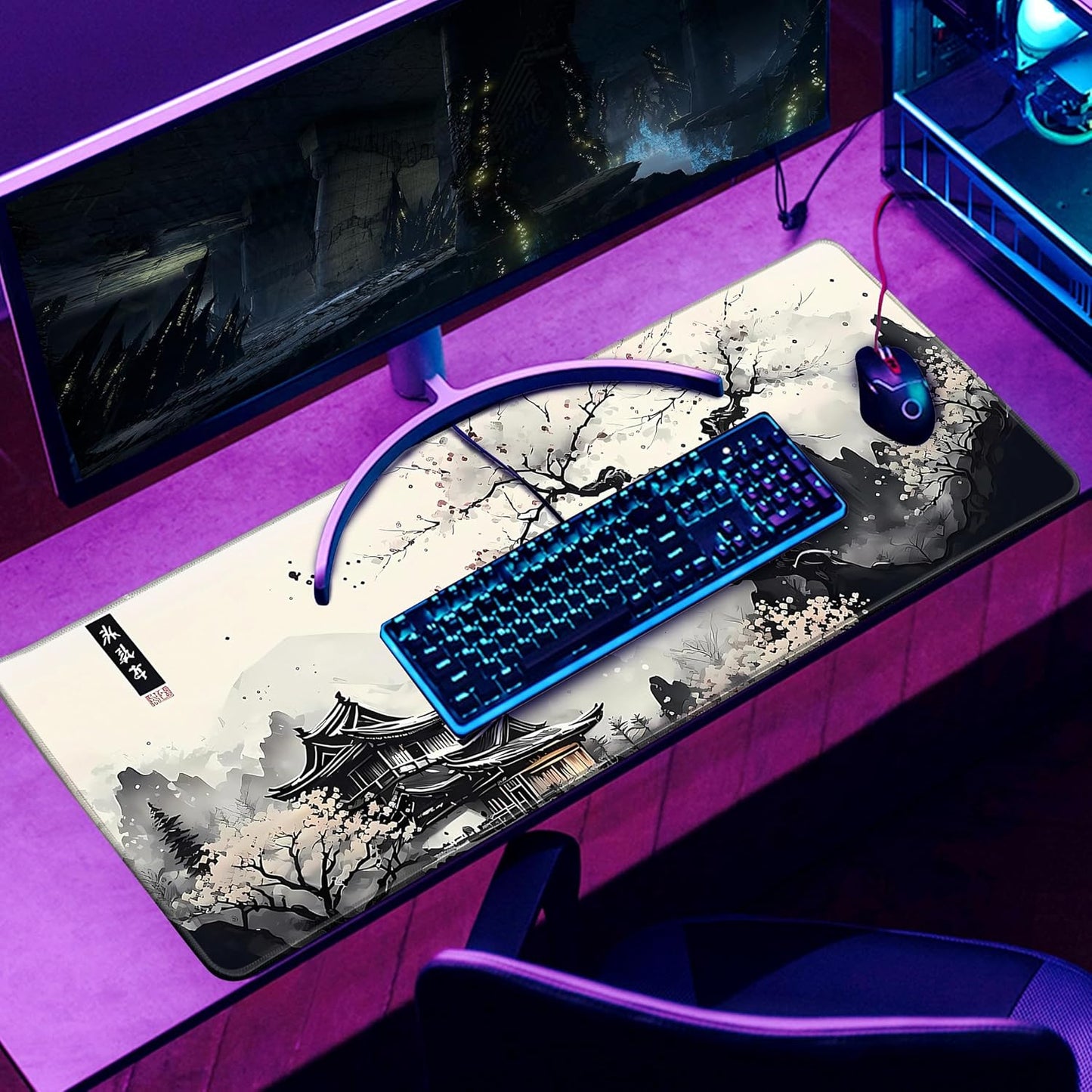 Japanese Desk Mat Cherry Blossom Large Mouse Pad Gaming Mousepad Extended XL Keyboard Mat Computer Laptop Mouse Desktop Mat 31.5 X 11.8 Desk Decor