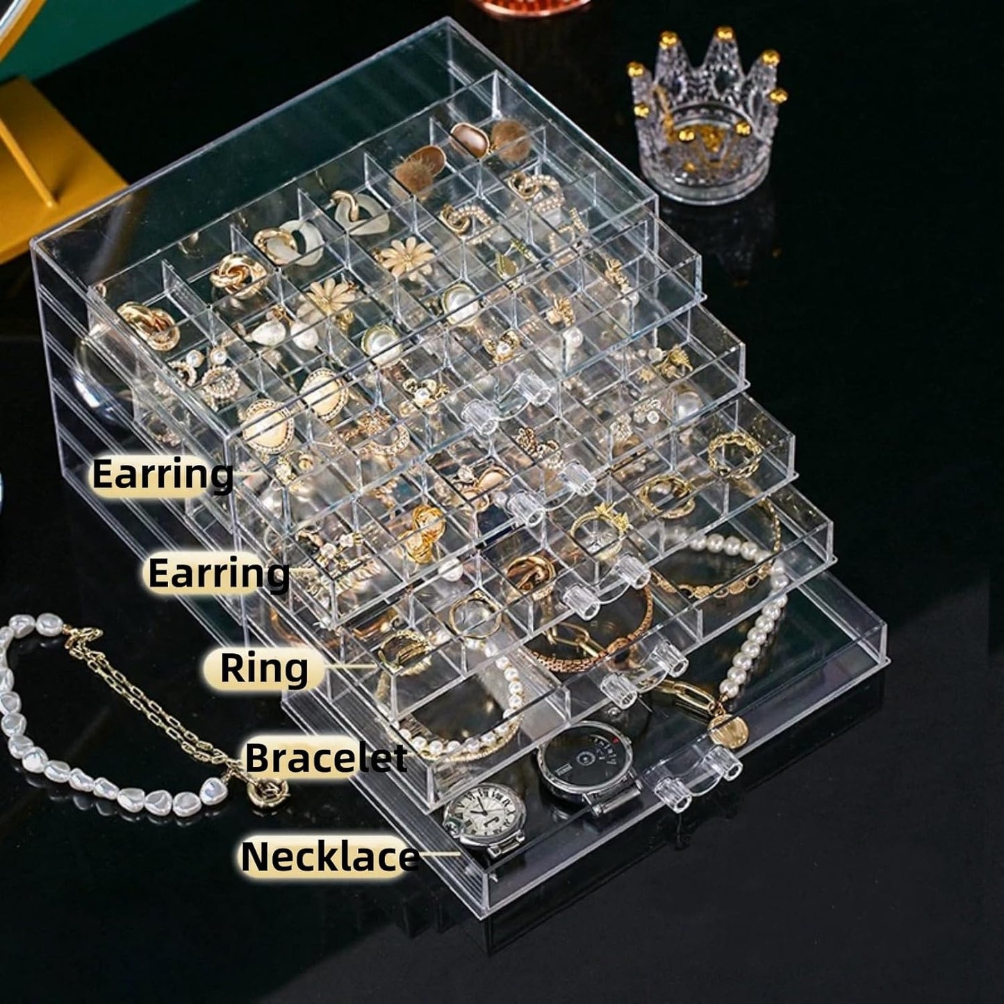 Feadily Acrylic Jewelry Organizer Box, Jewelry Drawer Organizer With 5 Drawers 79 Grids, Clear