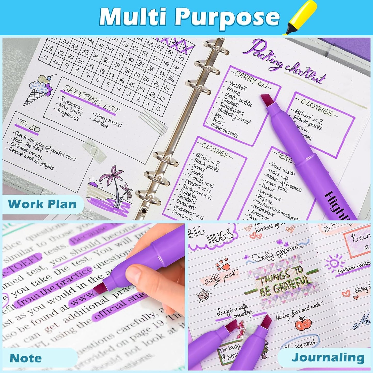 Duchong Highlighters, 30 Packs Purple Highlighter Bright Colors Bulk, Chisel Tip Dry-Quickly No Bleed Highlighter Markers for Adults Kids, Office Classroom Must Have, School Supplies for Teachers