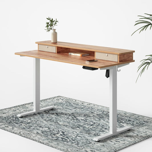 FEZIBO 55 x 24 Inch Whole-Piece Height Adjustable Standing Desk with Double Drawers, Sit Stand Desk, Stand Up Table (Send Two Packages), Light Rustic Top