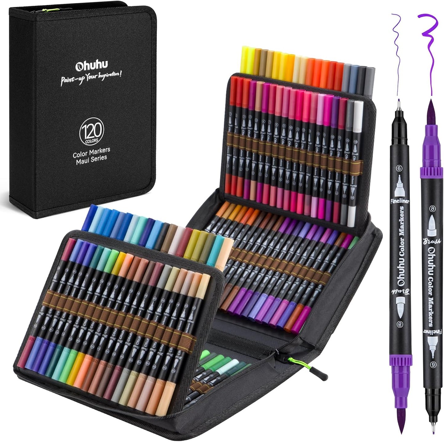 Ohuhu Markers for Adult Coloring Books: 120 Colors Brush Pens Dual Brush Fine Tip Drawing Pens Water-Based Coloring Markers for Calligraphy Bullet Journal with Carrying Case - Maui - Black