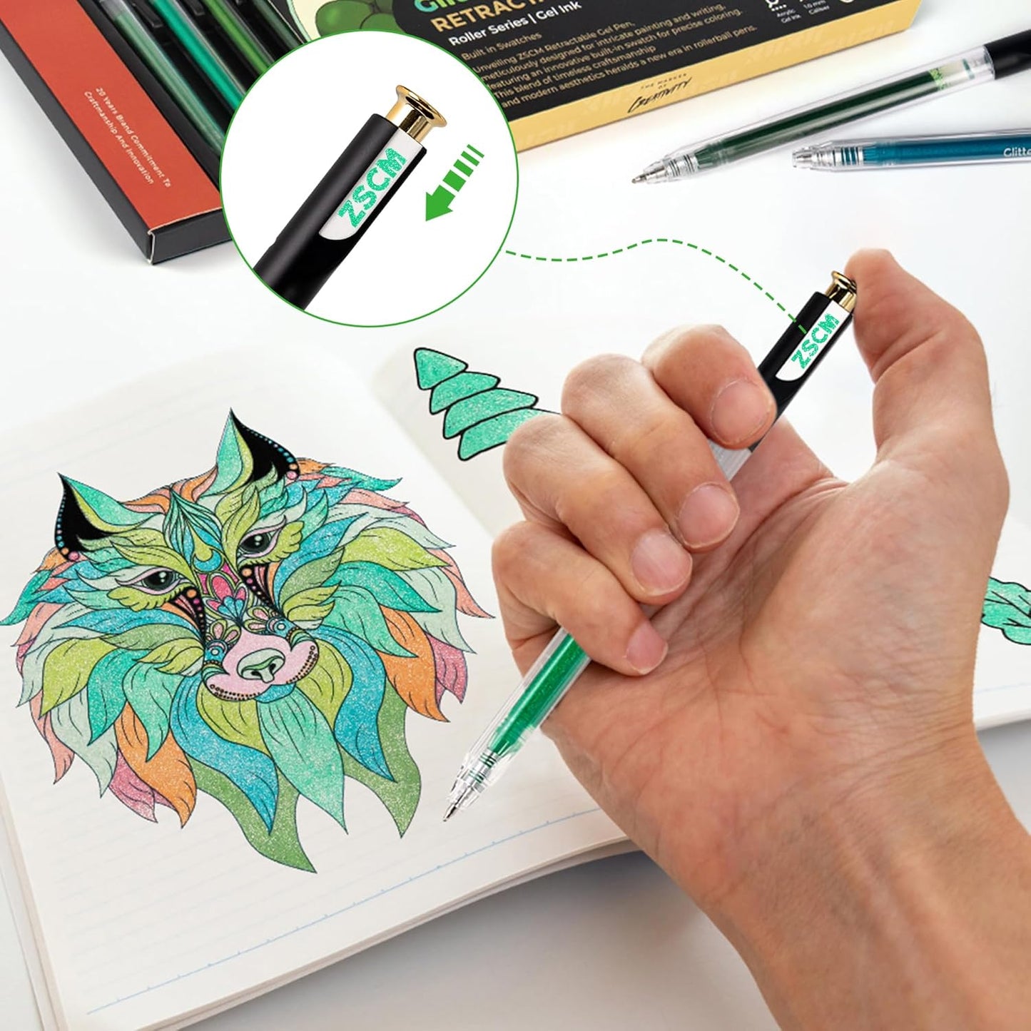 Retractable Glitter Gel Pens, 12 Colors Large Capacity Green Glitter Metallic Gel Ink Pen, 1 mm Fine Point Smooth Writing Color Pens for Adult Coloring Book Note Taking Aesthetic Art Supplies