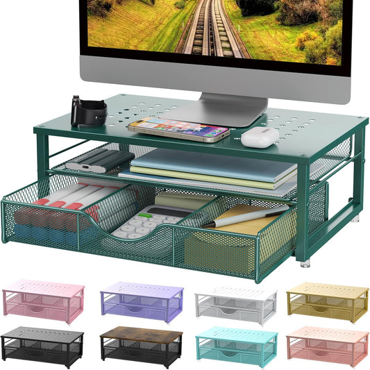 gianotter Computer Monitor Stand Riser, office organizer with Drawer, Office Organizers Storage for Classroom Office Supplies (Dark Green)