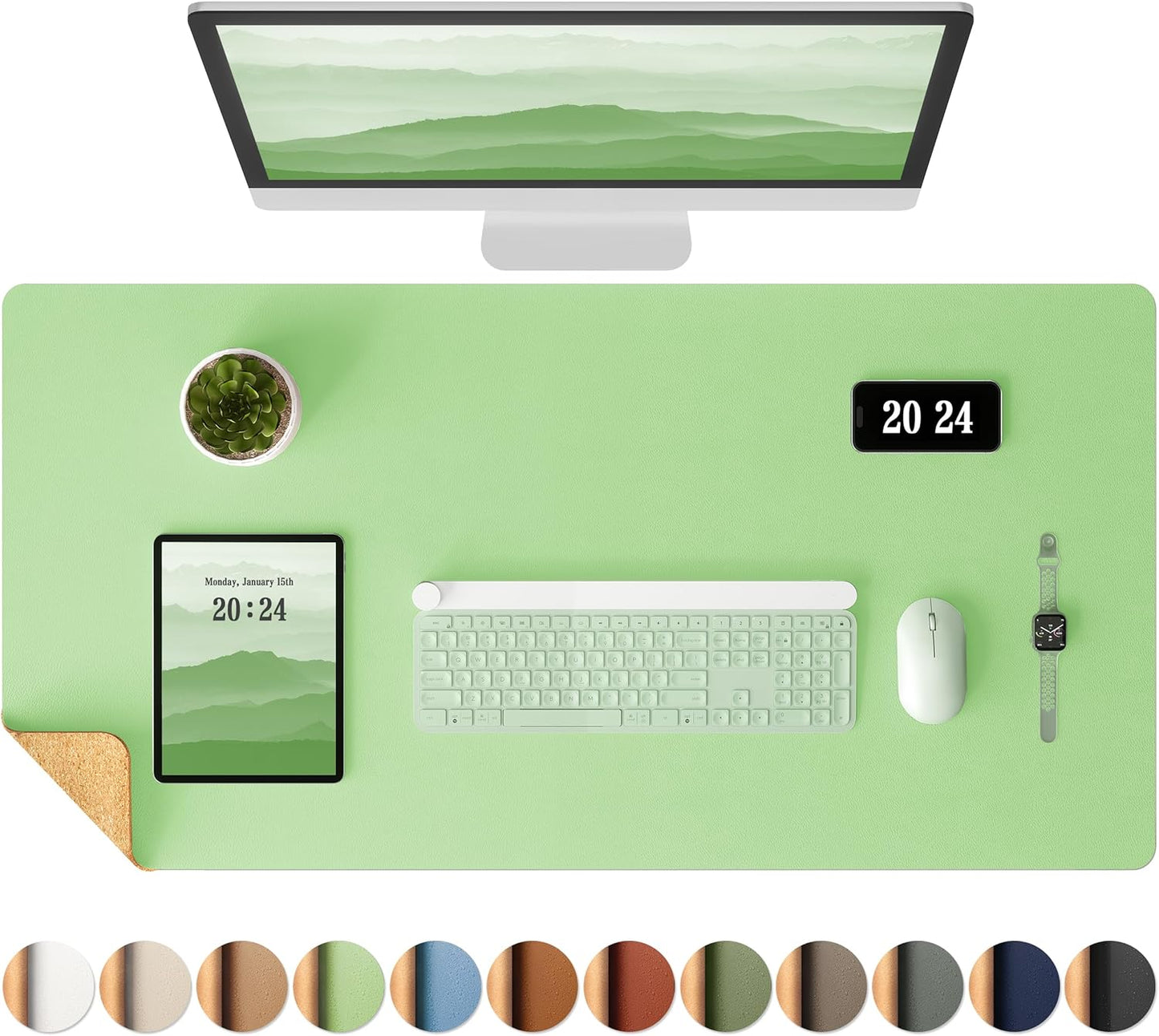 Aothia Double-Sided Desk Pad - 35.4" x 15.7"Leather Desk Mat, Eco Cork Desk Pad Protector,Large Mouse Pad,Waterproof Desk Blotter for Office/Home(Light Green)
