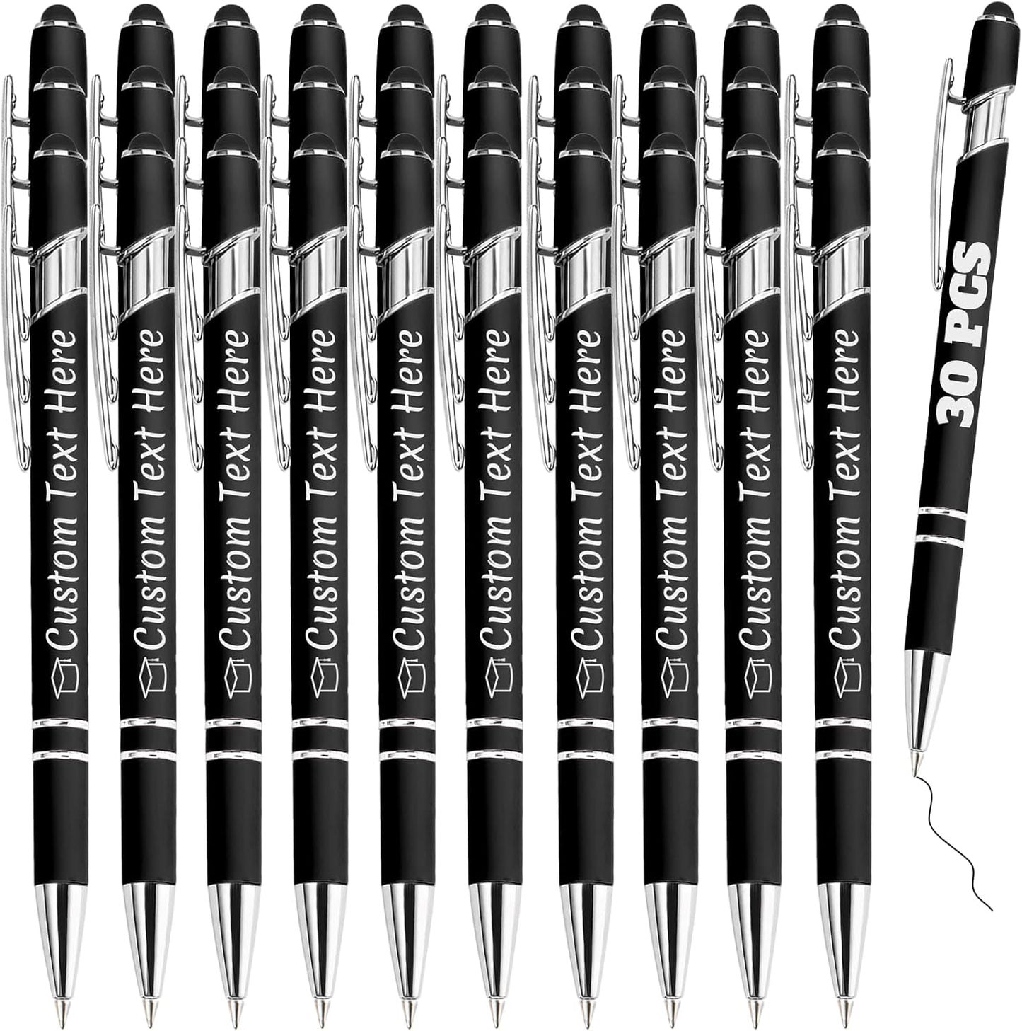 Personalized Pens Bulk 30 with Name Custom Engraving Ballpoint Pens with Stylus Tip Customized Smooth Writing Pens Personalized Gifts for Anniversary Birthday or Graduation(Black,Black Ink)