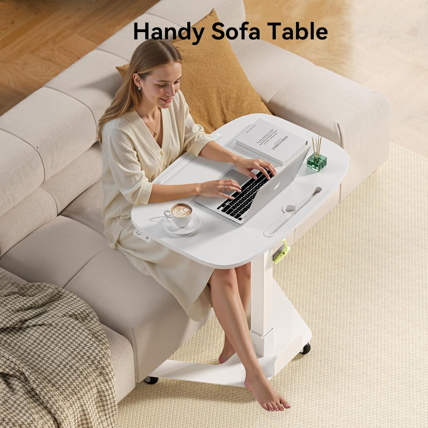 Foldable Pneumatic Height Adjustable Mobile Standing Desk with 90° Tiltable Tabletop, 27.2x18.9 Inch Portable Laptop Desk with Wheels, Holds Up to 66.1lbs for Home Office, Study, White