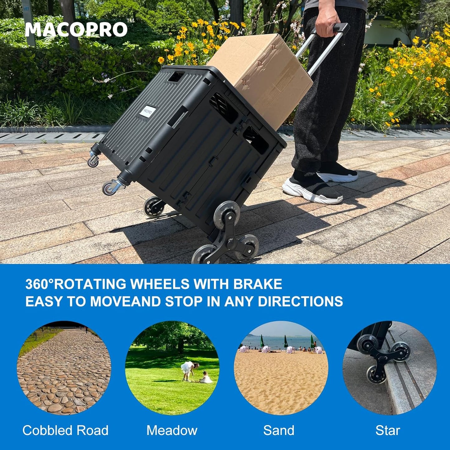 Foldable Utility Cart with Stair Climbing Wheels, Collapsible Rolling Crate with Telescoping Handle, Folding Shopping Trolley Handcart Grocery Book File Tool Teacher Storage Basket (Black)