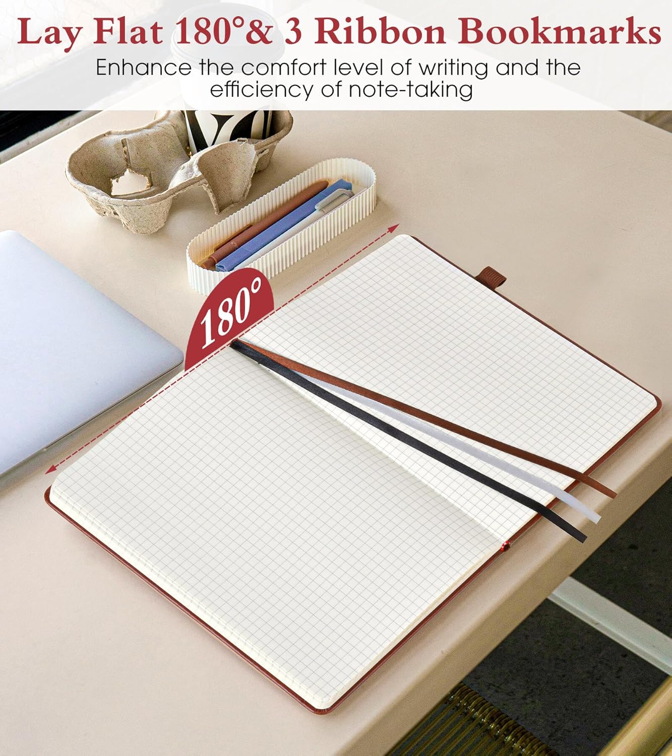 Graph Notebook for Women Men, 160 Pages Grid Paper Journal, A5 Hardcover Vintage Leather Graphing Notebooks for School, Work, College Ruled, Inner Pocket, 5.8"x8.5" (Brown)