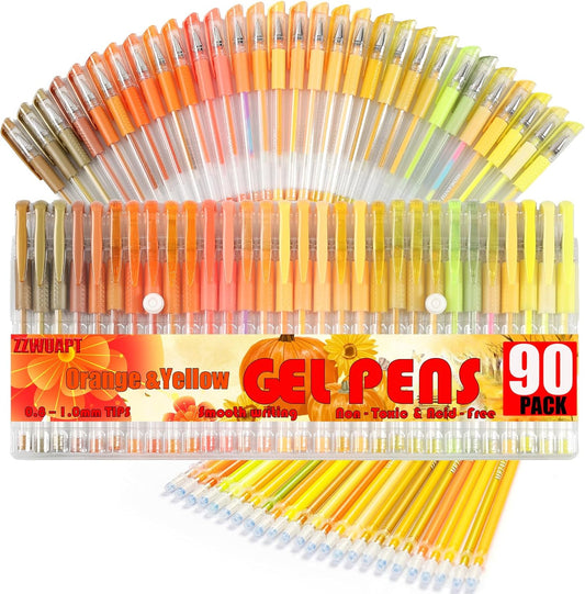 90 Pack Yellow Orange Tone Gel Pens, 30 Yellow Orange Gel Pens with 60 Refills,40% More Ink Colored Gel Pens for Adults Coloring Books Drawing Doodling Scrapbook Journaling