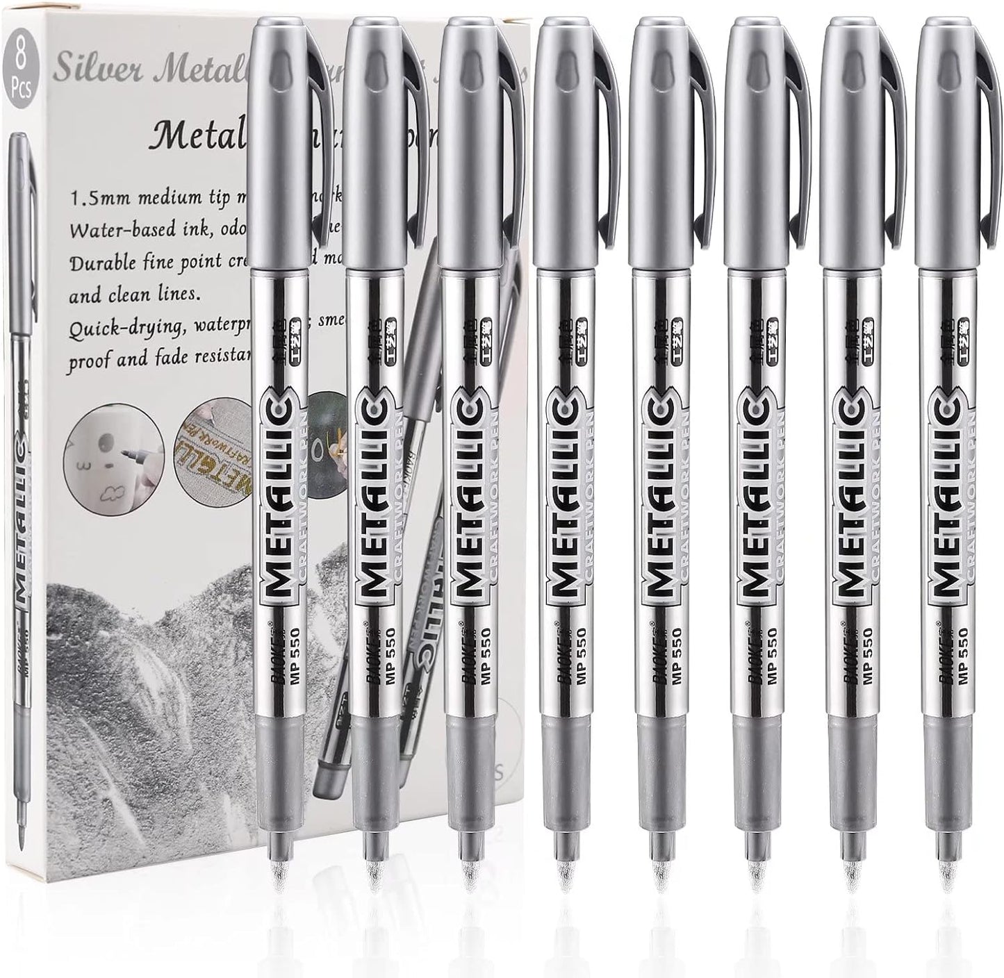 LOONENG Silver Permanent Marker, Fine Point, Acid Free, Non-Toxic Ink, Quick Drying, Ideal for Adult Coloring, Crafts, Gift Cards, Fabric, Photo Albums, 8 Count
