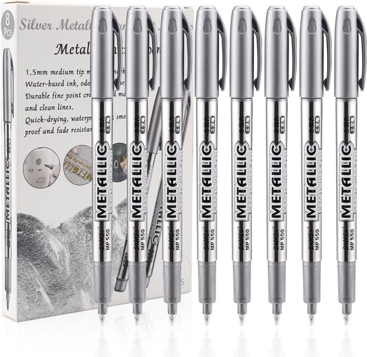 LOONENG Silver Permanent Marker, Fine Point, Acid Free, Non-Toxic Ink, Quick Drying, Ideal for Adult Coloring, Crafts, Gift Cards, Fabric, Photo Albums, 8 Count