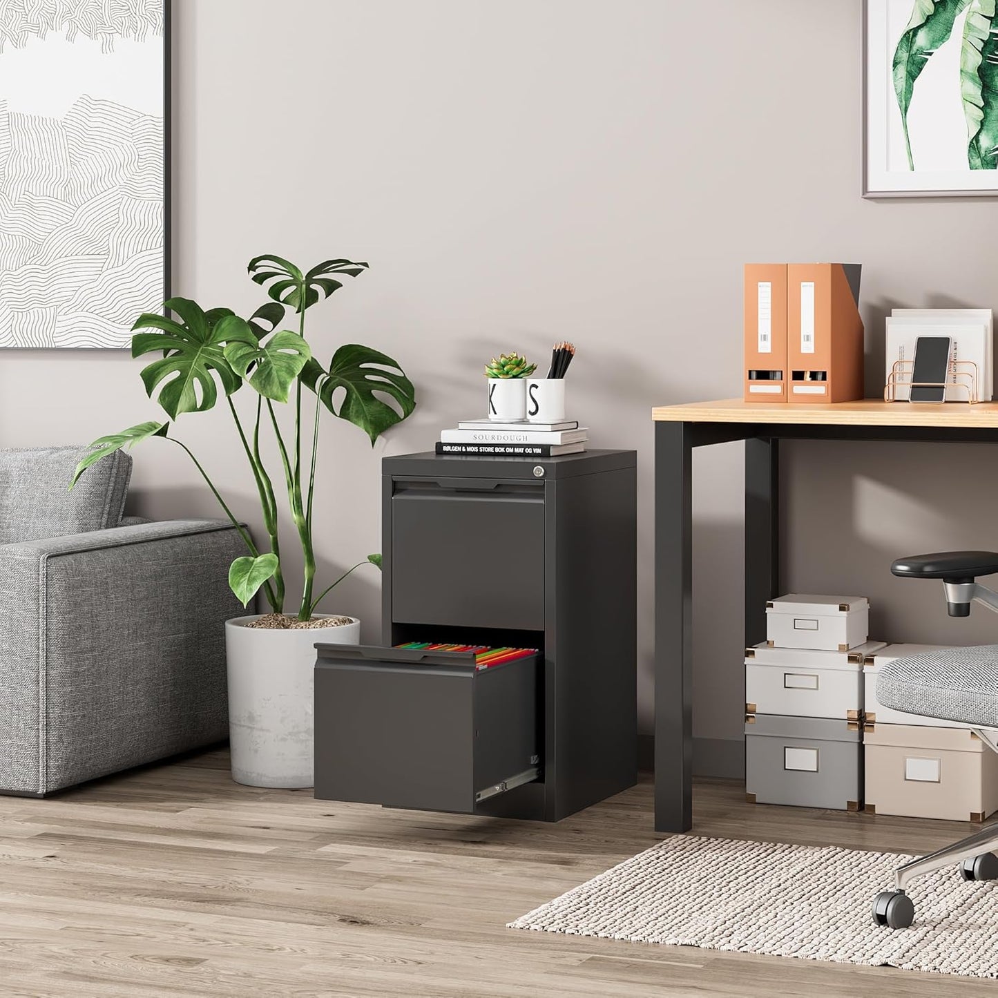 2 Drawer File Cabinet, Metal Vertical File Cabinets with Lock for Home Office, Locking File Cabinet Hanging Files for A4/ Legal/Letter, Assembly Required (Black, 2 Drawer - 15" W)