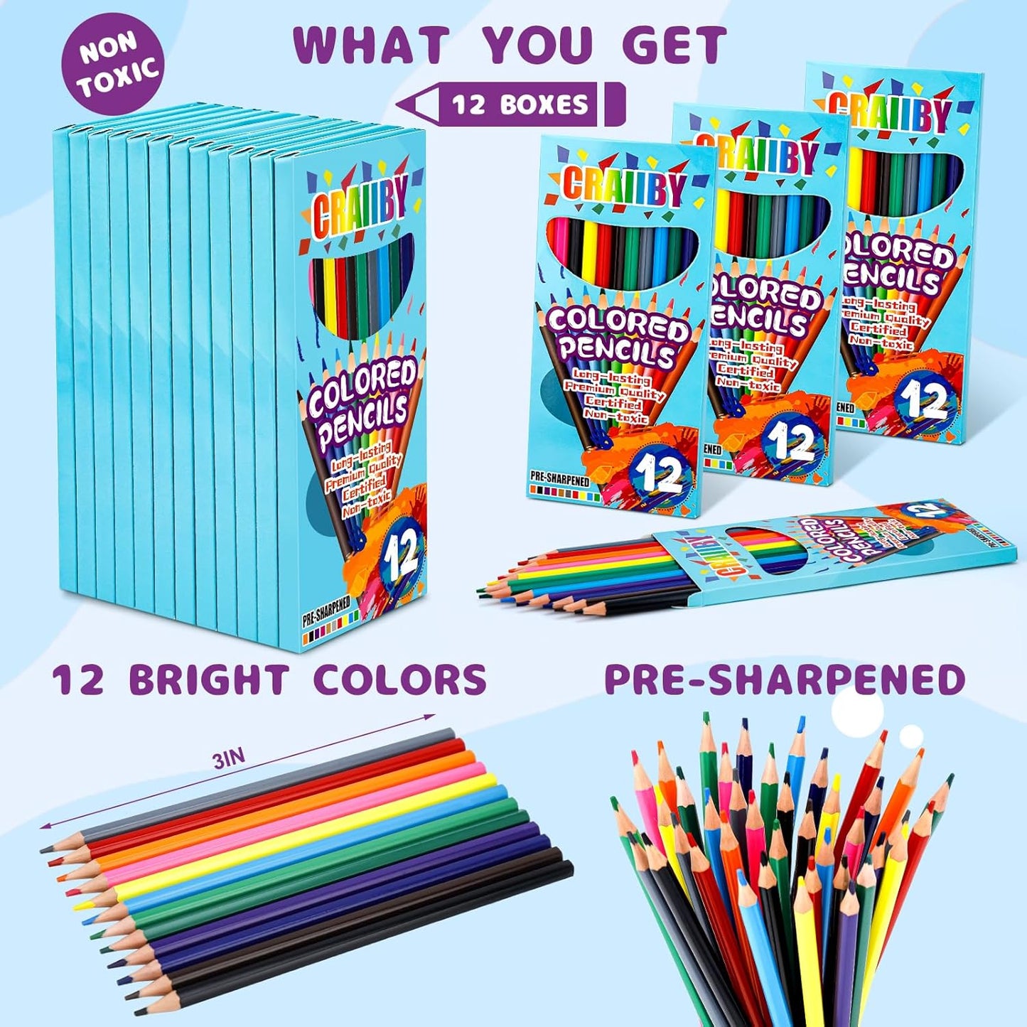 Premium Colored Pencils, Soft Core, 144 Count (Pack of 12), 12 Colors Pre-sharpened Color Pencils Bulk, Back to School Supplies, Classroom Prizes