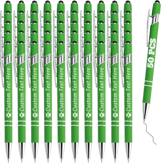 Personalized Pens Bulk 50 with Name Custom Engraving Ballpoint Pens with Stylus Tip Customized Smooth Writing Pens Personalized Gifts for Anniversary Birthday or Graduation(Light Green,Black Ink)
