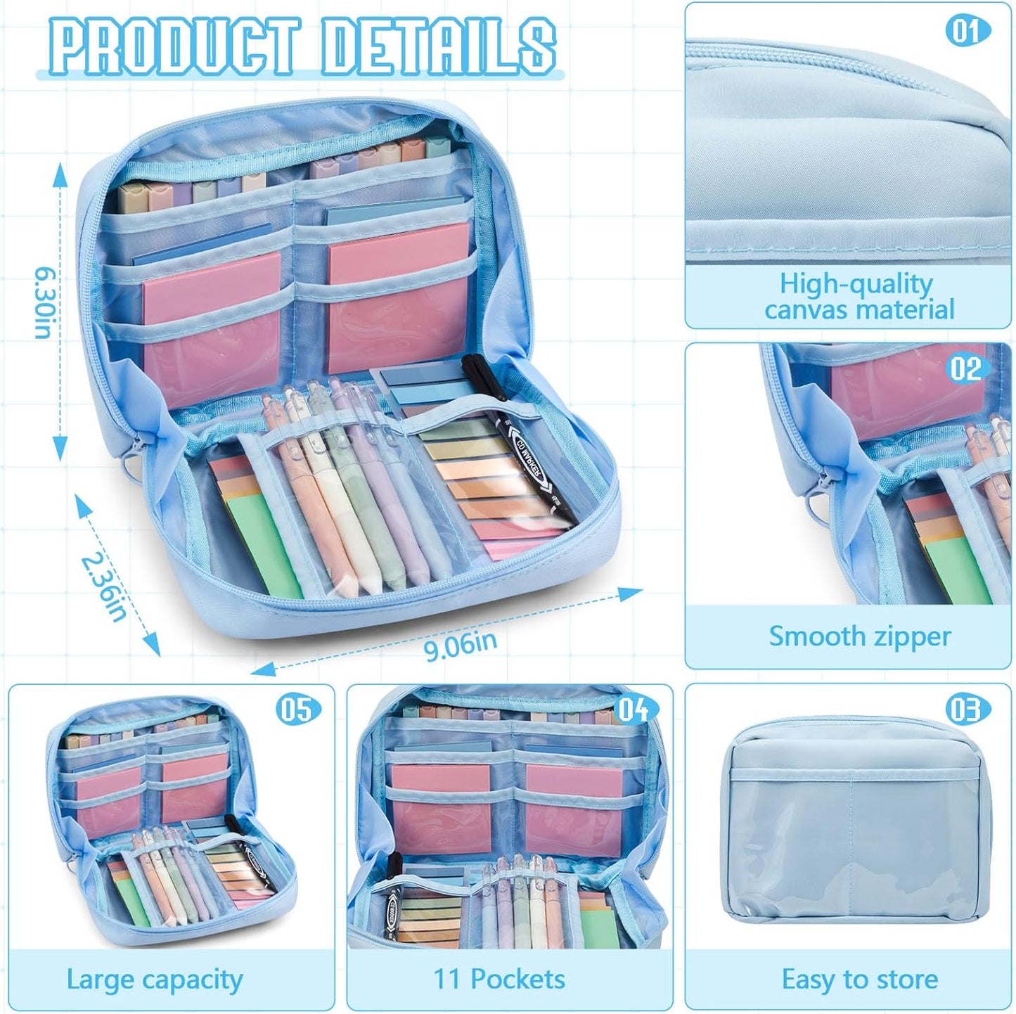 Jutom 39 Pcs Aesthetic Book Annotation Kit Highlighter with Pencil Case Bag Gel Pen Transparent Sticky Note Taking Bible Study College School Supplies(Blue,Kawaii Style)