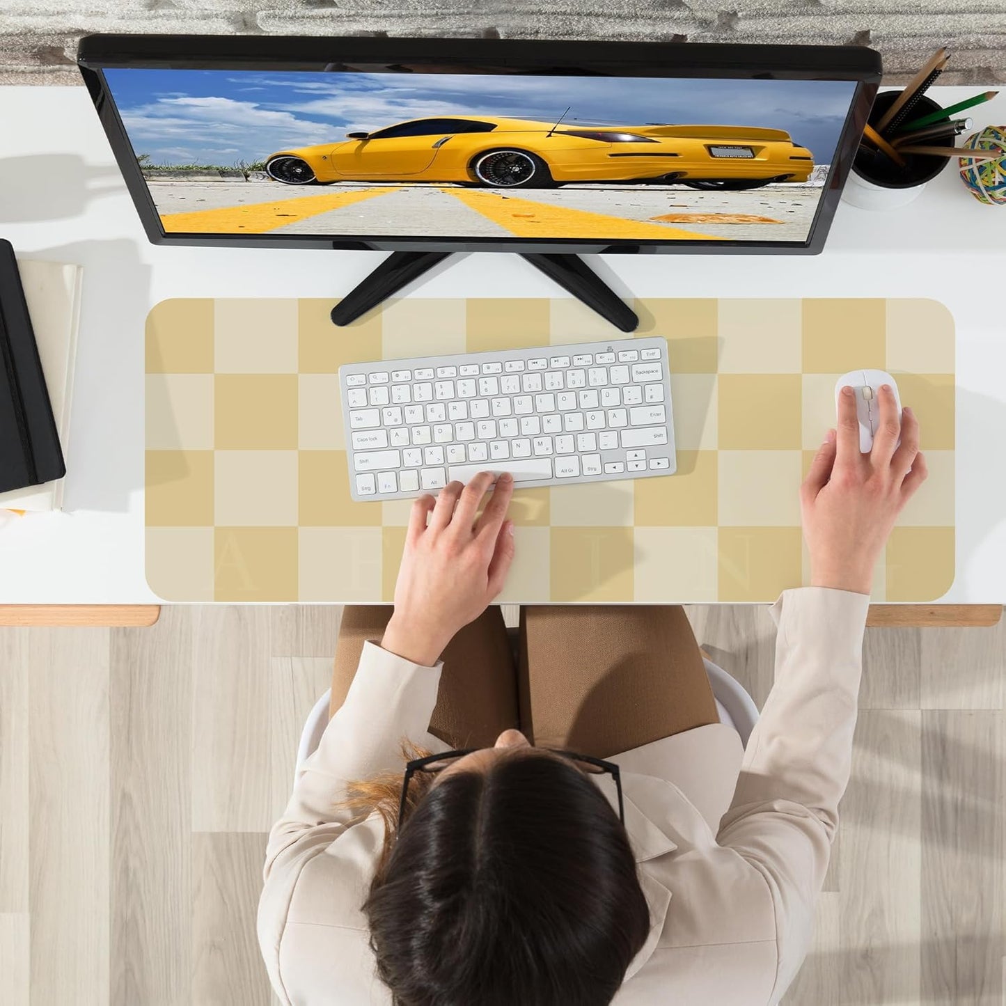 Leather Desk mat,Non-Slip Desk mat,Waterproof PU Leather Desk pad Protector, Large Mouse pad Cute, Easy Clean Laptop Desk Writing Mat for Work/Home/Decor(Beige 31.5" x 12")