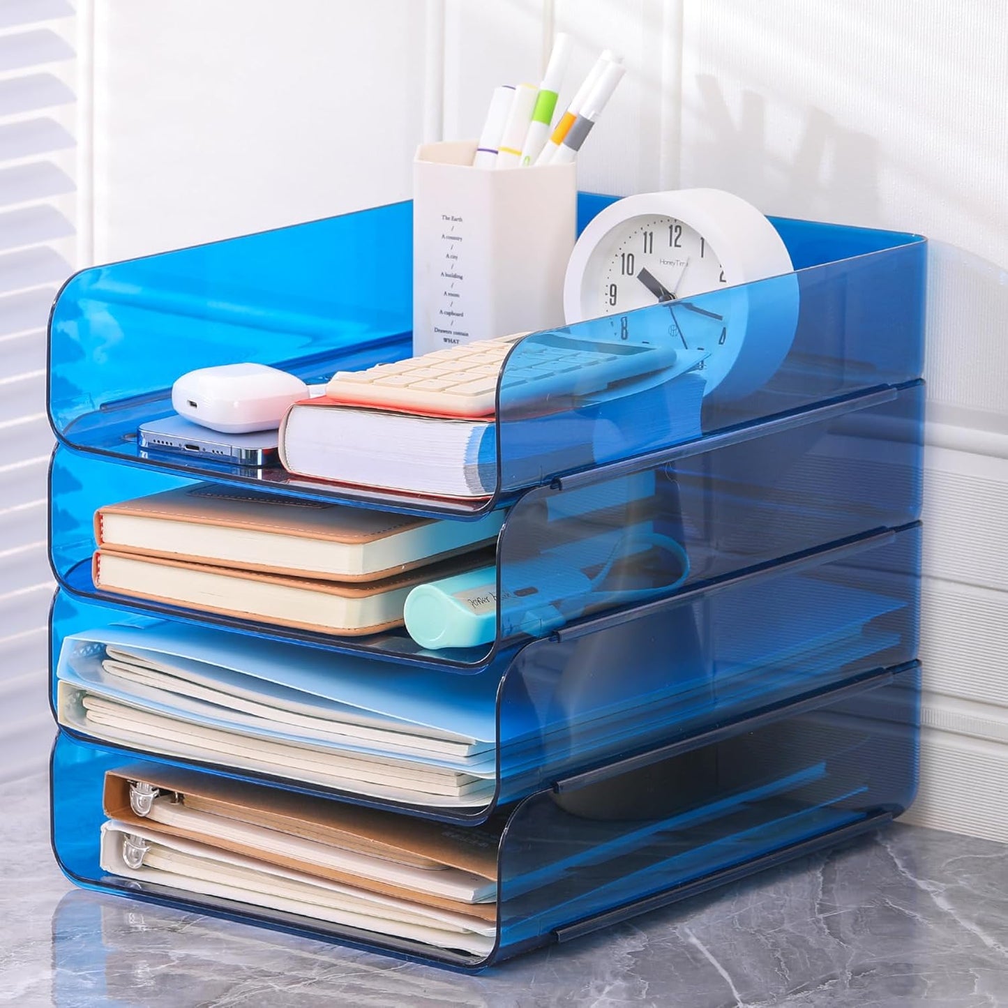 2 Pack Stackable Paper Tray File Organizer for Desk, Office Organizer and Storage for Desk Accessories, Notes, Books, File Paper, Document, Blue