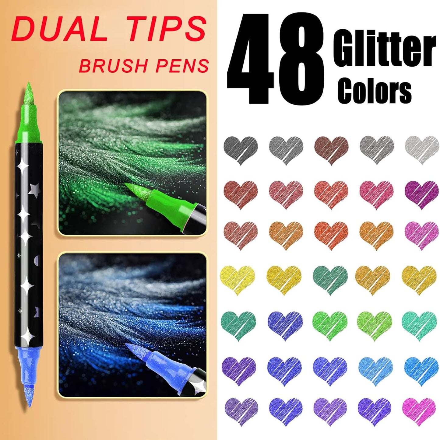Glitter Markers Pens,48 Colors Dual Tip Brush Glitter Pens Set 24 Pack Sparkle Markers for Art Supplies Scrapbooking, Cards, DIY Crafts, Adults Coloring Books