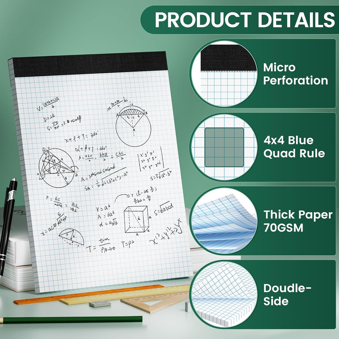 Graph Paper 8.5 X 11, 6 Pack, 4x4 Quad Ruled, Grid Paper Pad 8-1/2" X 11", Grid Pad 8.5 X 11.75, Engineering Notebook, Easy Tears Off, White 70 GSM Graft Paper