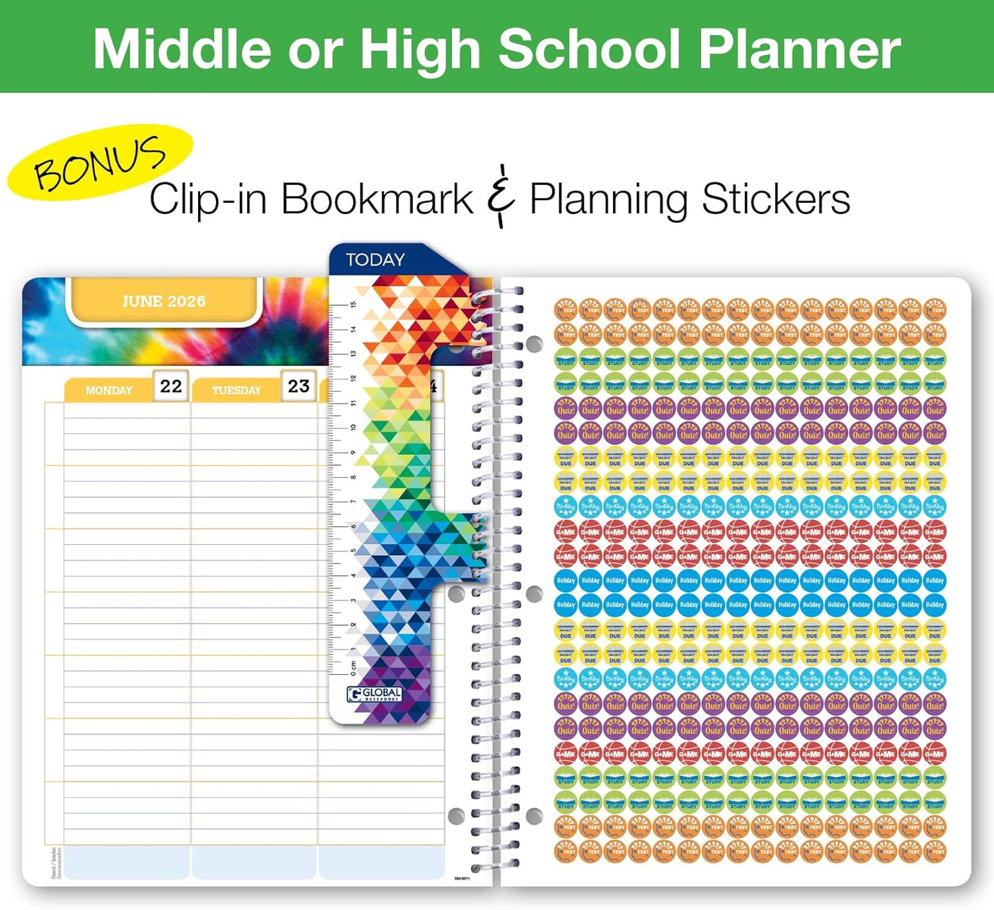 Global Datebooks Dated Middle School or High School Student Planner for Academic Year 2025-2026 Includes Ruler/Bookmark and Planning Stickers (Matrix Style - 8.5"x11" - Spectrum)