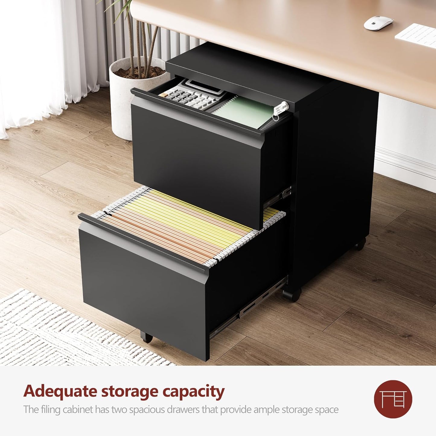 2 Drawer File Cabinet，Mobile Filing Cabinet with Lock and Wheels，Fully Assembled Metal Under Desk File Cabinets for A4/Letter/Legal Size（Black