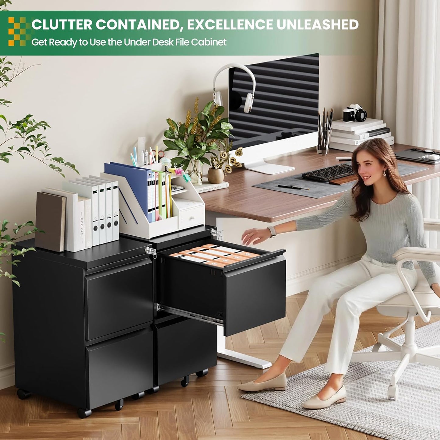 2 Drawer Metal File Cabinet with Lock, Rolling File Cabinets with Lock for A4/Legal/Letter Size, Under Desk Filing Cabinet for Home Office Assembly Required（Black）