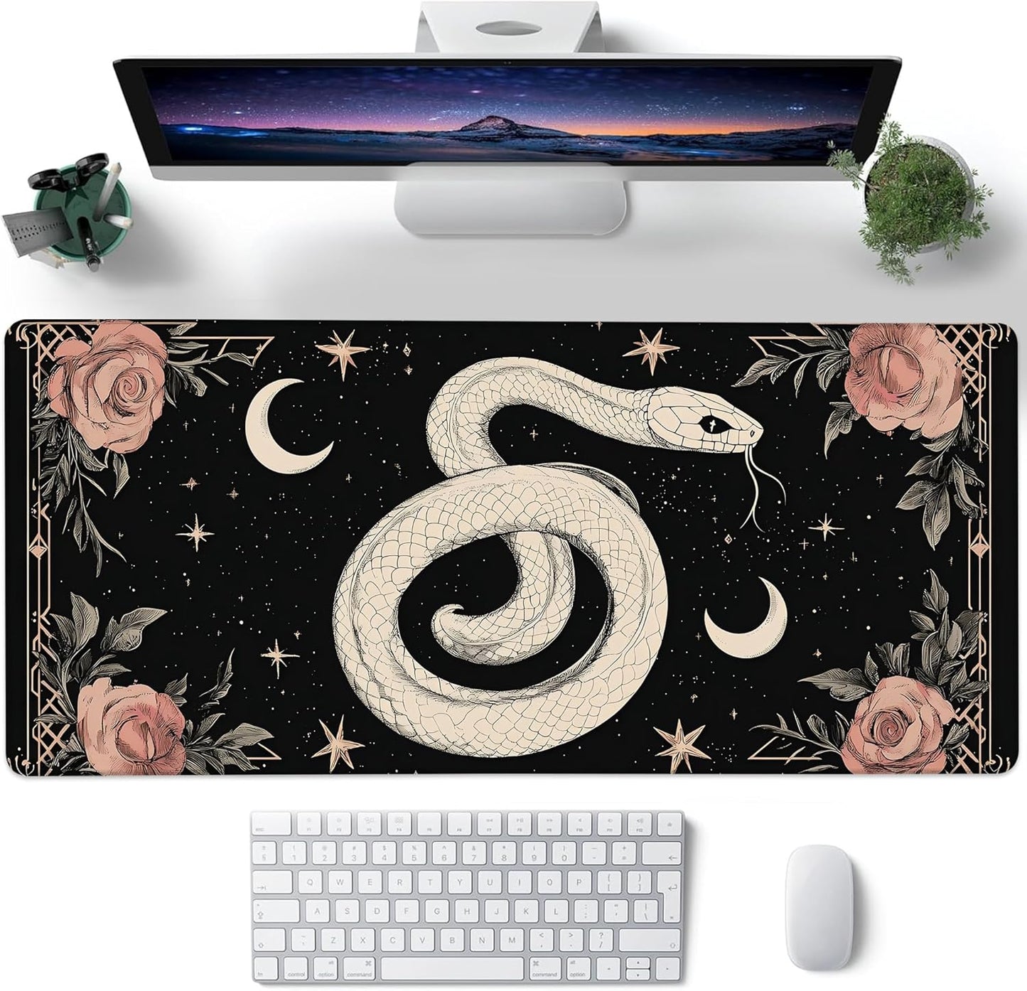 Desk Mat, Boho Gothic Snake and Pink Rose Large Gaming Mouse Pad with Non-Slip Base Stitched Edges,Desk pad for Keyboard and Mouse Home Office 35.4"x15.7"