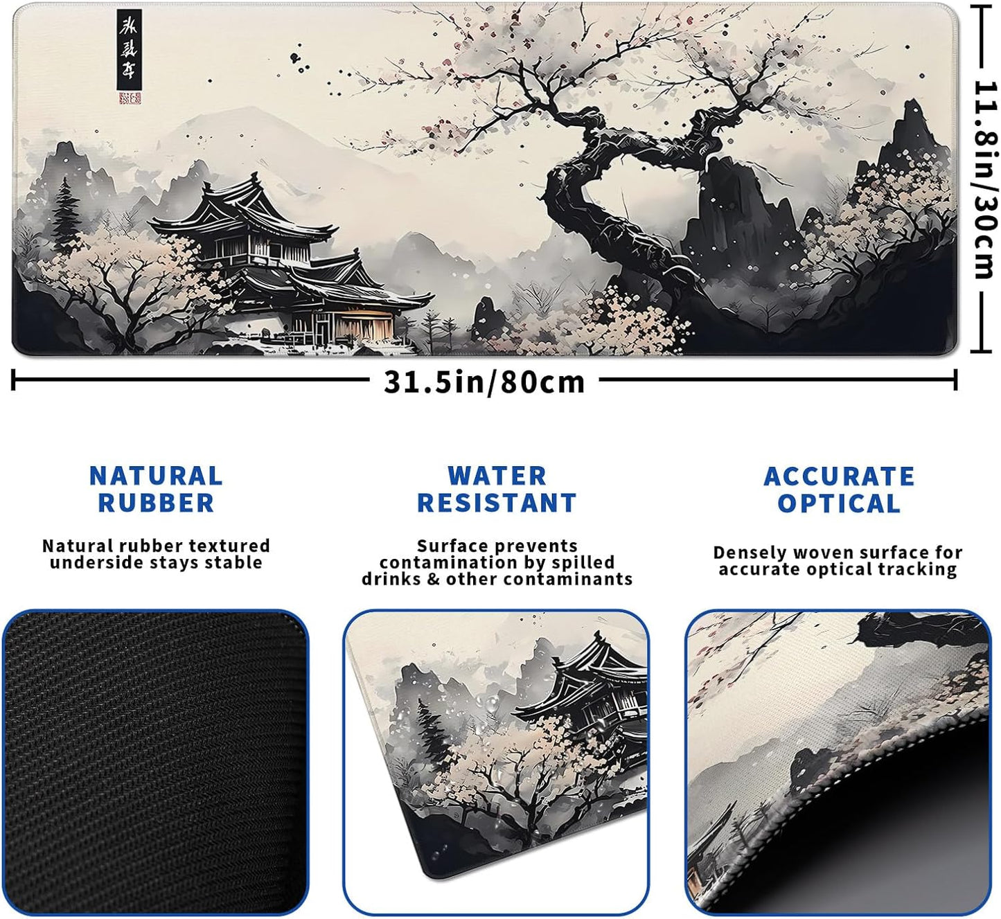 Japanese Mouse Pad, Large Japanese Desk Mat, XL Anime Gaming Keyboard Mat, Non-Slip Rubber Base, Big Extended Desk Protector for Office and Home, 31.5”x11.8”