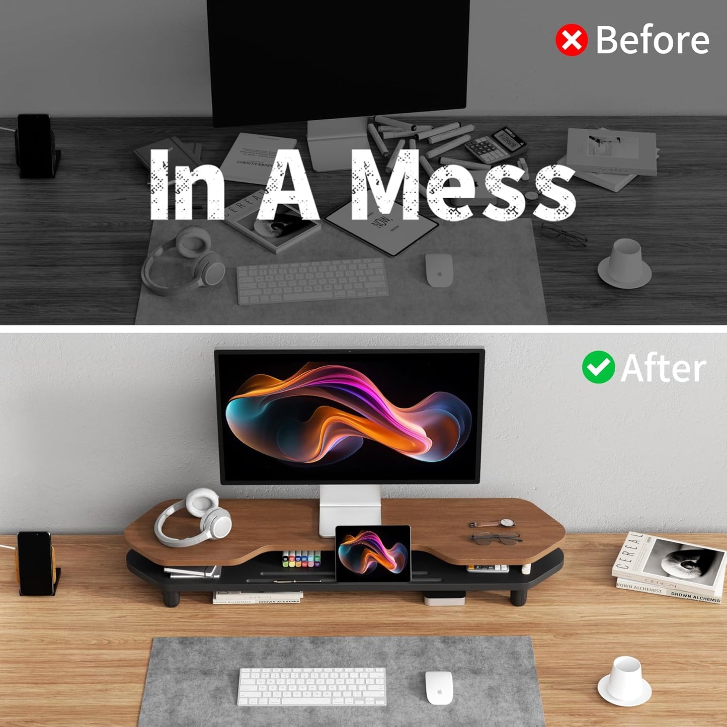 2 Tier Dual Monitor Stand Riser,Wider Board Computer Monitor Stand for 2 Monitors,Slot For Phone/Tablet Office Desktop Organizer for Laptop,PC,Computer,Printer,Walnut Finish