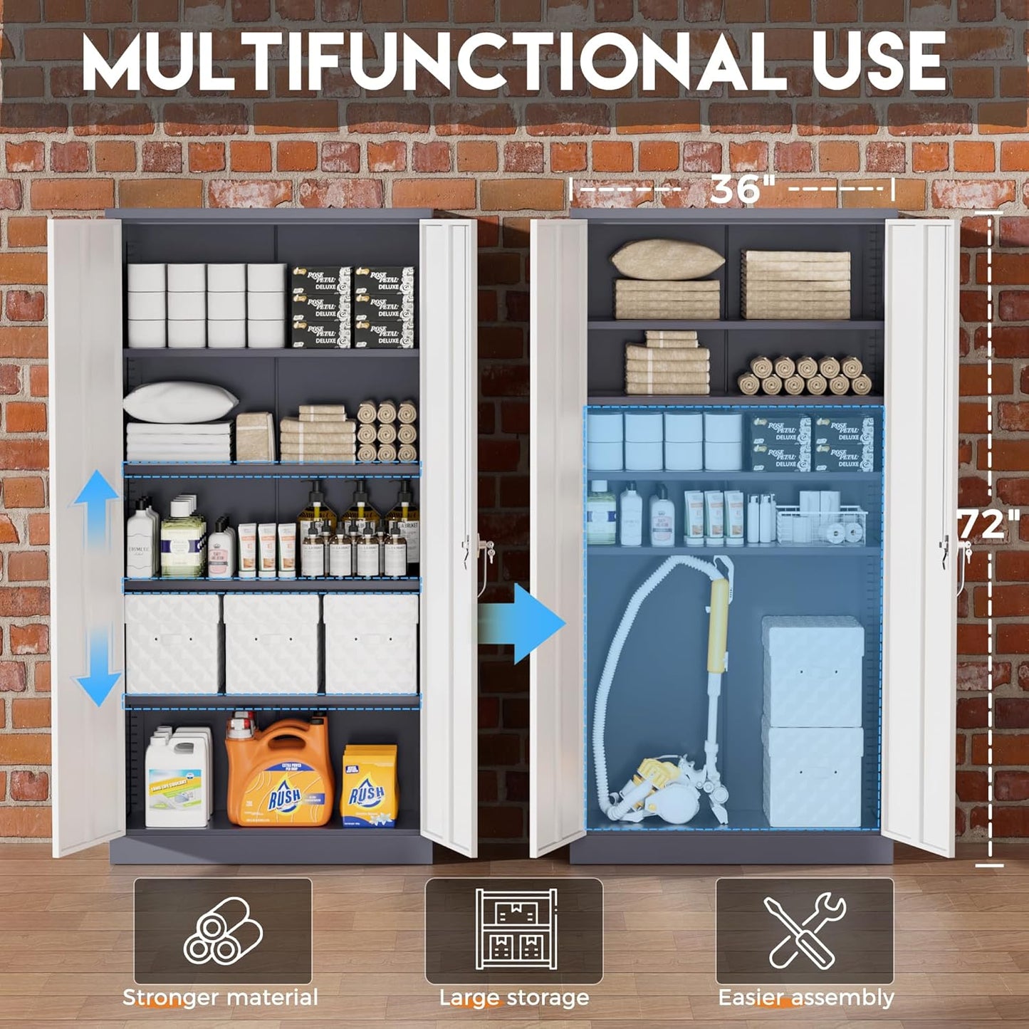 Greenvelly Metal Garage Storage Cabinet, Locking Steel Cabinet with 2 Doors and 4 Adjustable Shelves, Metal Tool Cabinets, Lockable File Cabinet for Home Office, Garage, School (Gray White)